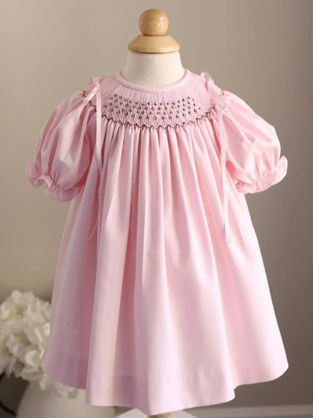 Pink Smocked Bishop Dress Luli & Me Satin Ribbon Bow Shoulders  12M Like New